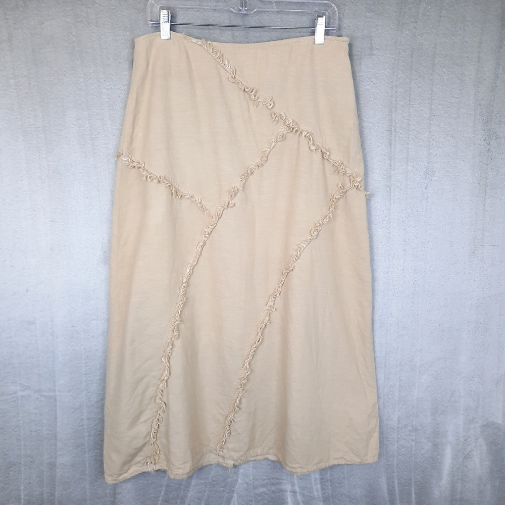 Linen Cotton Blend Maxi Skirt Beige Raw Edge Size 10 Festival Resort Boho Beachy